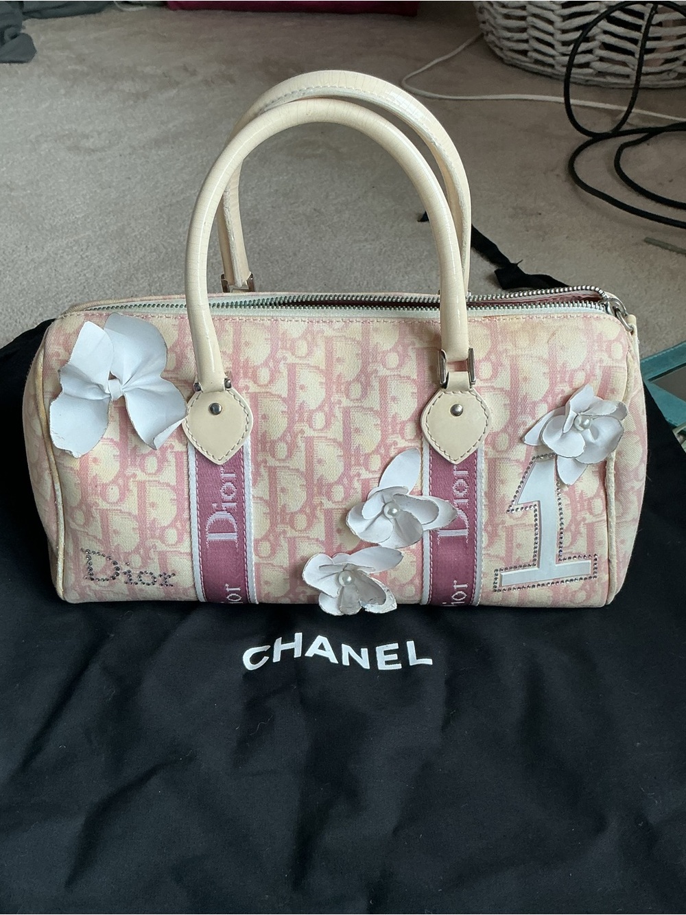 Dior Pink Canvas Floral Bowling Satchel with Cream Handles